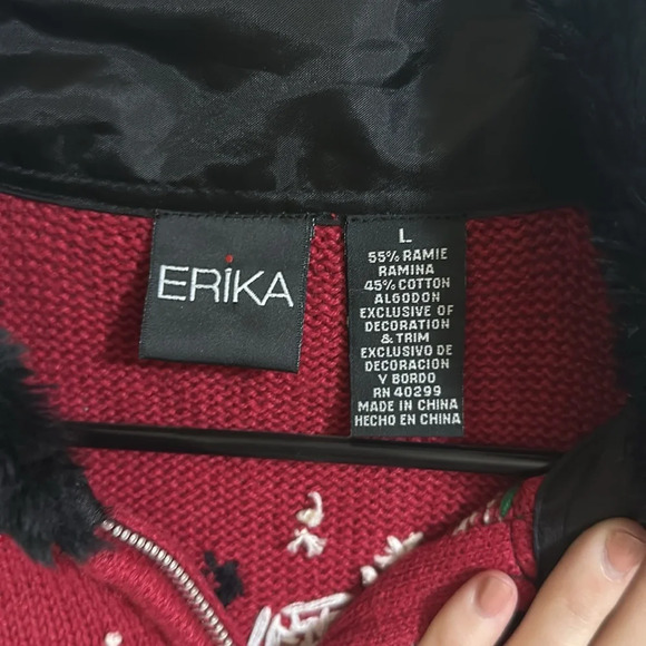 Vintage Christmas Cardigan Zip Sweater with Faux Fur Collar Embroidered/Beaded - Picture 3 of 7